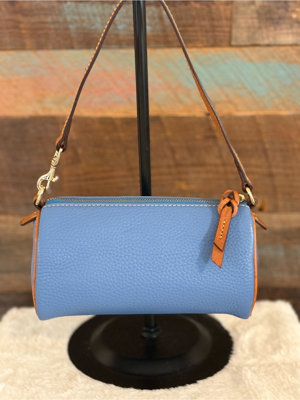 Dooney & Bourke Blue Pebble Leather Mini Barrel Bag with Brown Trim - Picture 7 of 11
